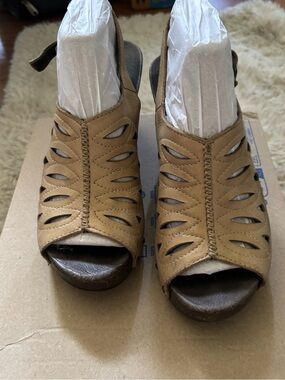 Dansko Tan Cutout Peep-Toe Wedge Sandals
